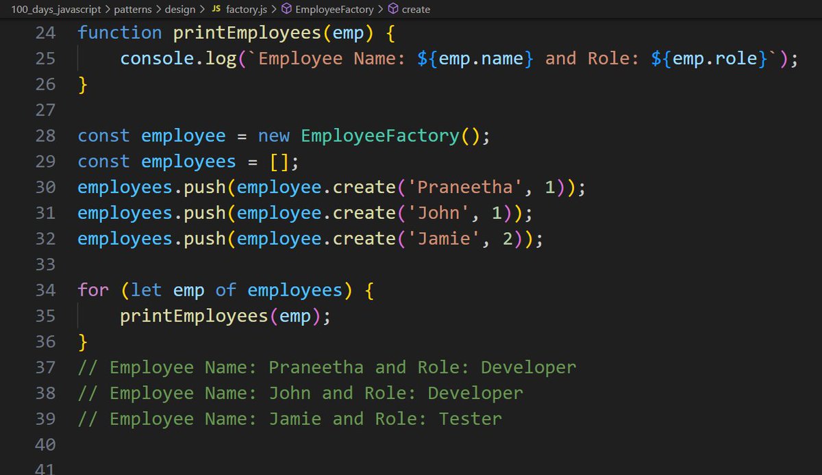 PraneethaG4's tweet image. 🚀 Day 82 of #100DaysOfJavaScript
Learnt:
Factory Pattern - create new objects in a centralized way
Command Pattern - decouple objects that executes task from object that calls the method
Excited to dive into Singleton and Strategy patterns next!
#javascript