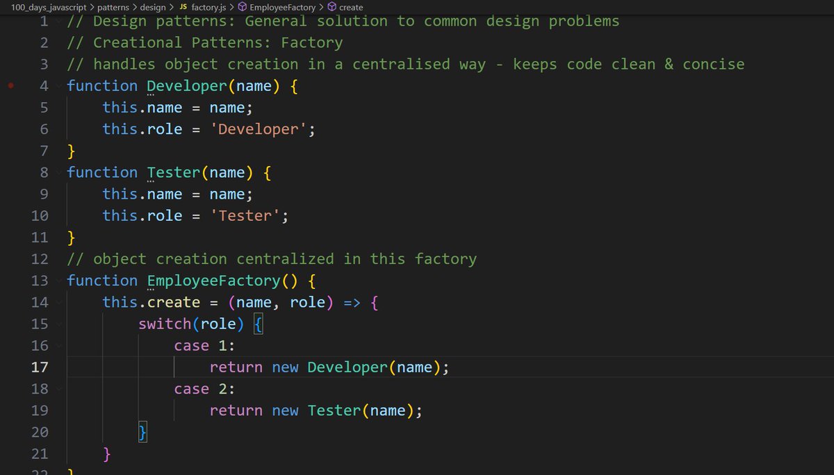 PraneethaG4's tweet image. 🚀 Day 82 of #100DaysOfJavaScript
Learnt:
Factory Pattern - create new objects in a centralized way
Command Pattern - decouple objects that executes task from object that calls the method
Excited to dive into Singleton and Strategy patterns next!
#javascript