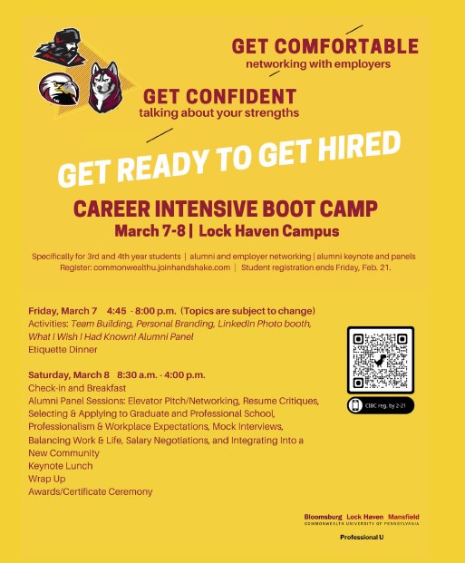 Spring '25 Career Intensive Boot Camp (in-person | Lock Haven campus) app.joinhandshake.com/events/1567308… via @joinhandshake