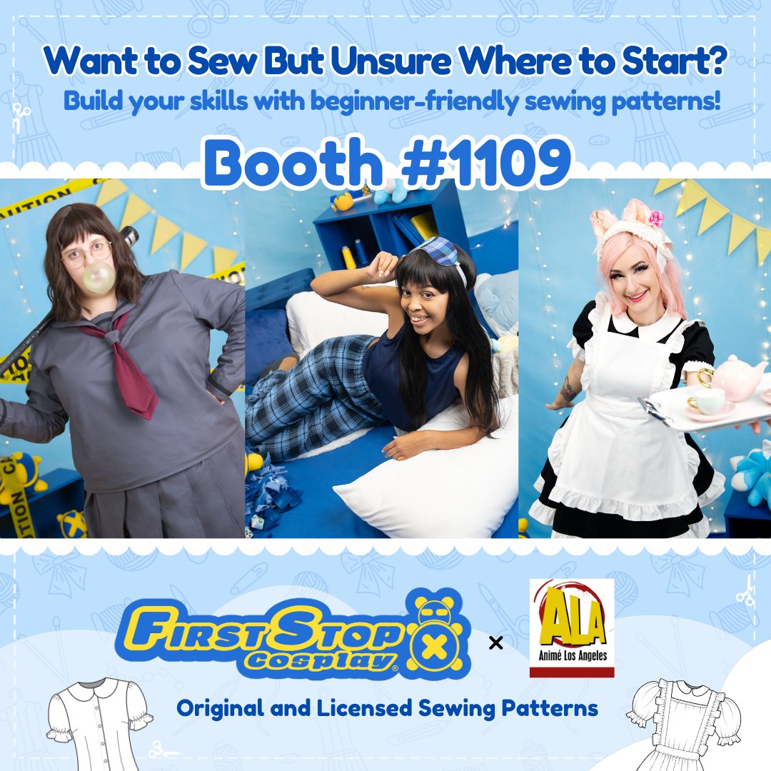 1stStopCosplay's tweet photo. Meet the First Stop Cosplay crew at booth #1109 at @animelosangeles 20! Explore easy-to-use sewing patterns and must-have tools, spin the prize wheel for free goodies, snag exclusive con-only savings, and dive into our RIBBON RALLY! 🎀✨

#animelosangeles #animelosangeles20 https://t.co/lOdHP6eAPJ