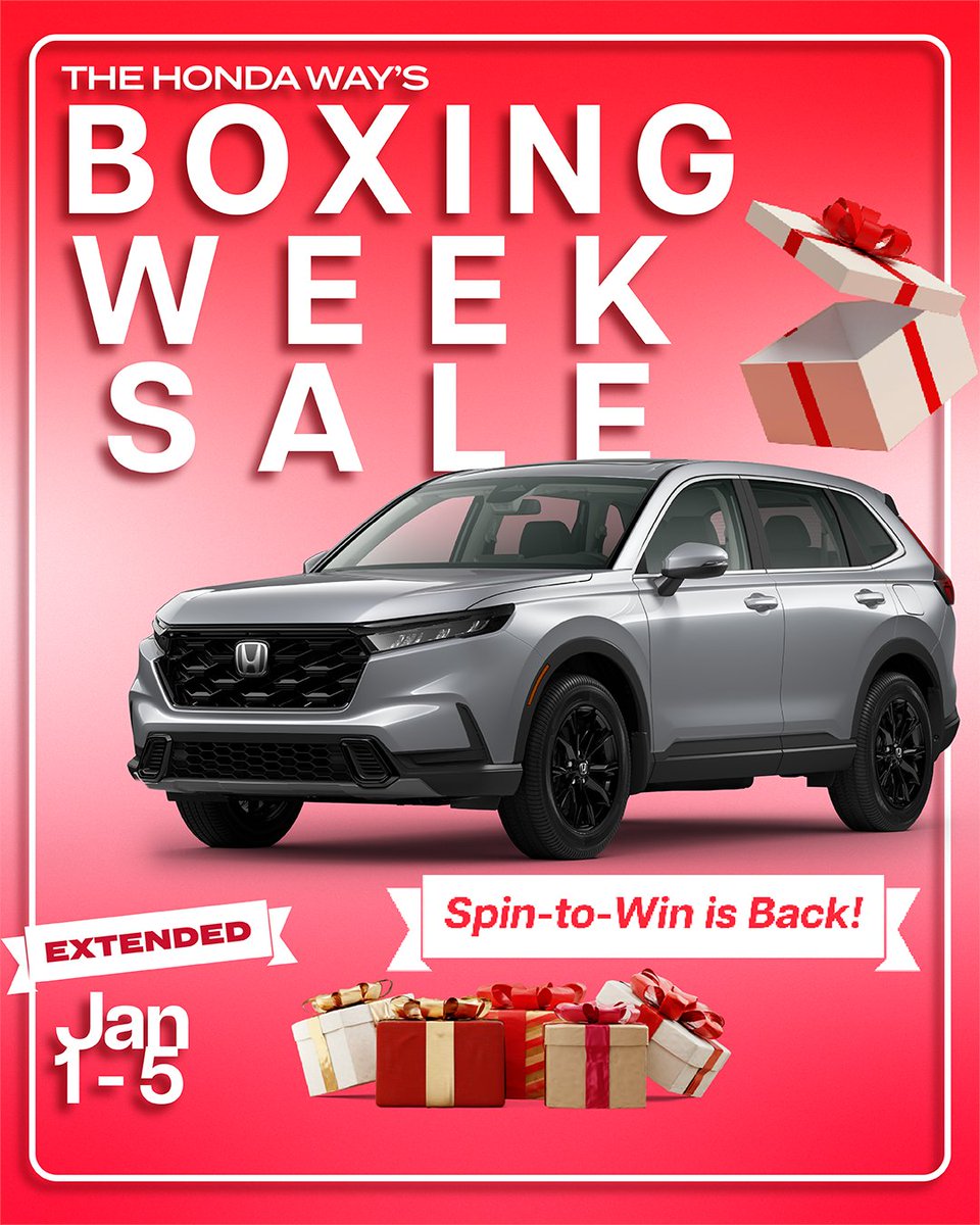 TheHondaWay's tweet photo. 🎉 Guess what? The Honda Way’s Boxing Week Sale is EXTENDED until Jan 5th! 💥
🚗 Epic offers on all in-stock vehicles + spin the Spin-to-Win wheel for additional guaranteed prizes! 🏆
🔥 Don’t miss out—stop by today and drive into 2025 in style!
#thehondaway #boxingweeksale https://t.co/NyX81gAiPJ