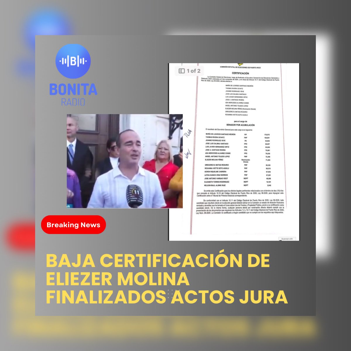 Bonita_Radio's tweet image. [Ahora] la @ceedepuertorico emitió la certificación de @EliezerMolinaPR luego de que culminó la juramentacion de los senadores electos. 

#juramentación #senado #writein