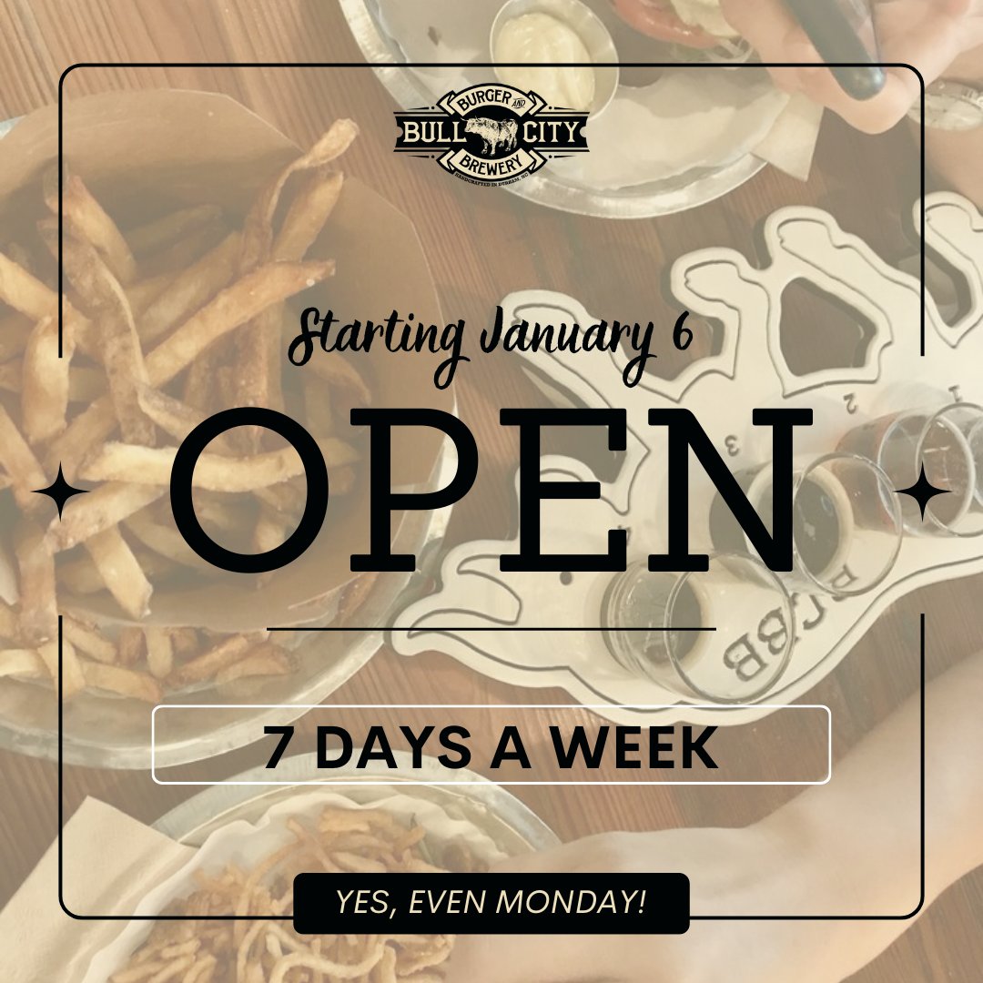 BullCityBurger's tweet photo. Get ready, Durham—big changes are on the way! Starting January 6, we’ll be OPEN 7 DAYS A WEEK:

That’s right—no more Monday blues, because we’re here to make every day a burger day. Mark your calendars!! https://t.co/FN1isALAbz