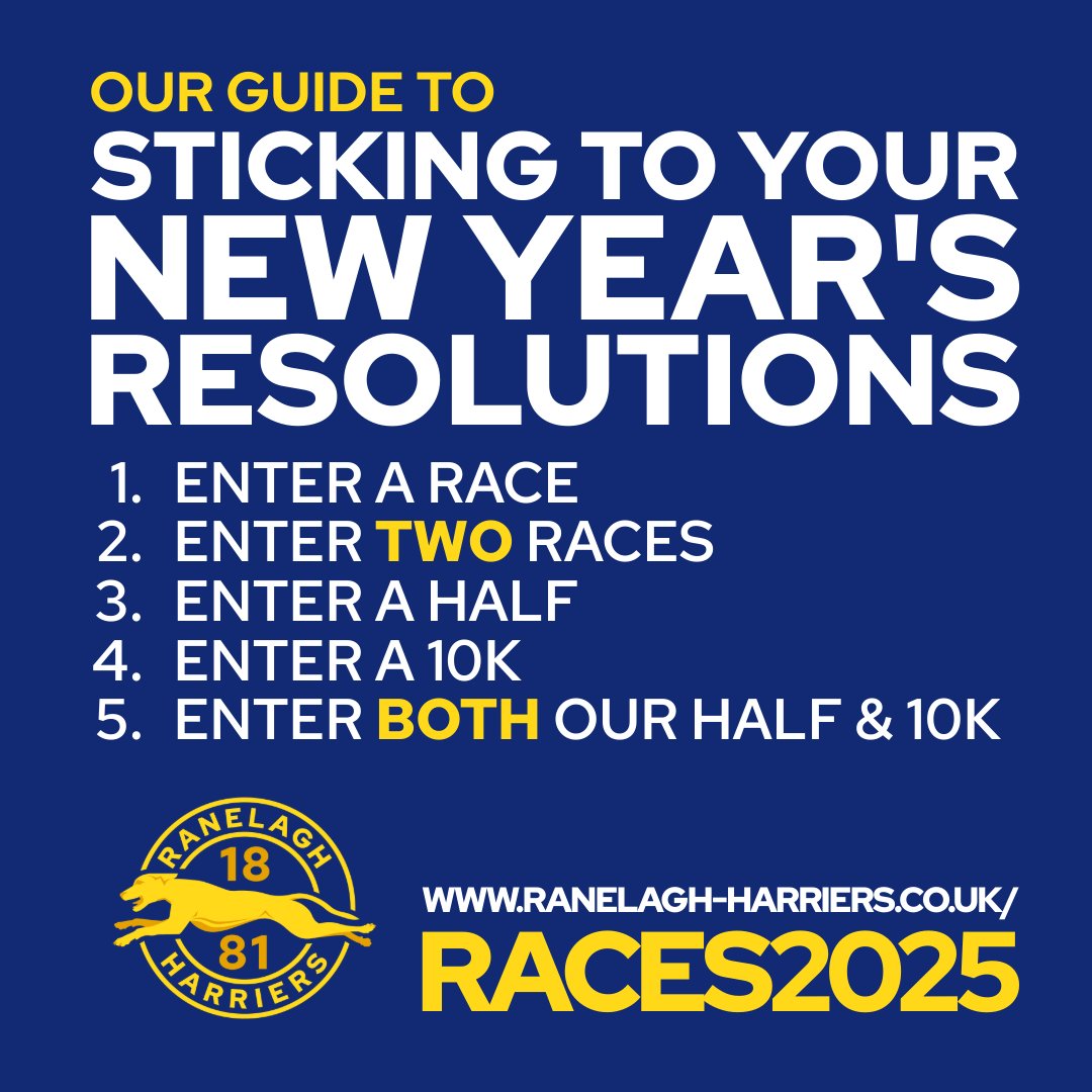 Happy New Year! Different year but the same Ranelagh message for those with running resolutions. Our early bird pricing countdown has begun so BOOK NOW to save ⬇️

💙 Half: 11 May @ 8.30am (£32 UKA / £34 non)
💛 10k: 22 June @ 9am (£20 UKA / £22 non)
 
ranelagh-harriers.co.uk/races2025 ⬅️