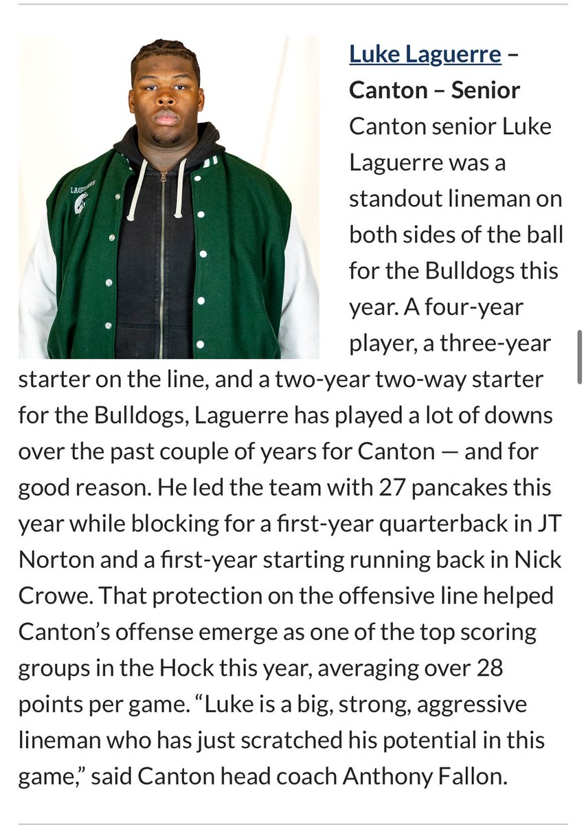 Thank you <a href="/BulldogCanton/">CantonBulldogFootball</a> for the 4 years of football. I had a great time playing and to be named a hockomock league all star. Also great season for my teammates <a href="/CroweNick6/">Nick Crowe</a> <a href="/jt_norton07/">Jt Norton</a> <a href="/laguerre_luke/">Luke Laguerre</a> <a href="/jake_marcell/">Jake marcell</a>