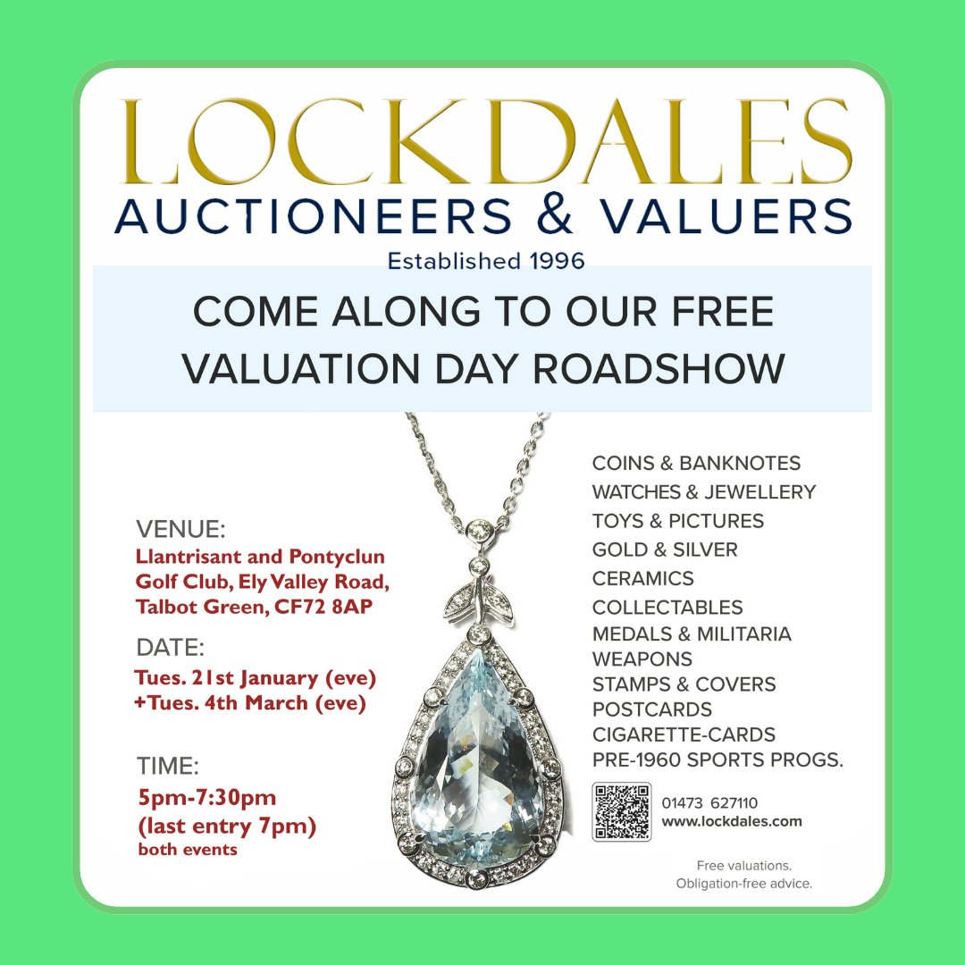 Come down to Llantrisant and Pontyclun Golf Club for Lockdales Auctioneers &amp; Valuers' Free Valuation Day Roadshow! 💎

📅 Dates:
Tuesday, 21st January
Tuesday, 4th March

⏰ Time:
5 PM - 7:30 PM (Last entry at 7 PM)

💬 Free valuations and obligation-free advice! Don't miss it!