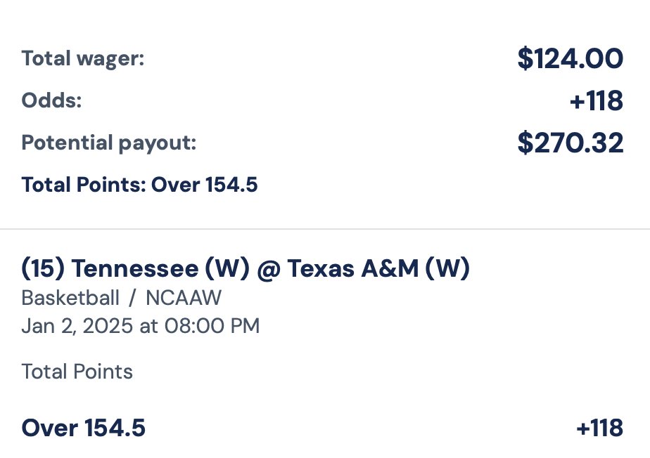 🚨 FREE $6-$9😉

<a href="/OddsJam/">OddsJam.com</a>'s arbitrage tool does all the work. It's not the largest Arb but this is how you grow your bankroll 100% RISK FREE💰

$124 on the OVER 154.5 on SugarHouse (Kambi) to win $270

$140 on the UNDER 154.5 on Caesars to win $273

Total investment $264 to win