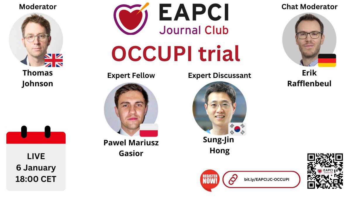 EAPCIPresident (@eapcipresident) on Twitter photo 🫀#EAPCI Journal Club 🫀
📚#OCCUPI trial
⁉️OCT-guided 🆚 Angio-guided PCI for patients w/ complex lesions
🗓️6 January 2025 ⏰18:00 CET
🪢REGISTER NOW for FREE at #ESC365
🔗bit.ly/EAPCIJC-OCCUPI
<a href="/twj1974/">Tom Johnson</a> <a href="/KardiologieHH/">Erik Rafflenbeul</a> <a href="/PawelGasiorMD/">Pawel Gasior</a>
Prof. Sung-Jin Hong 🫀#EAPCI Journal Club 🫀
📚#OCCUPI trial
⁉️OCT-guided 🆚 Angio-guided PCI for patients w/ complex lesions
🗓️6 January 2025 ⏰18:00 CET
🪢REGISTER NOW for FREE at #ESC365
🔗bit.ly/EAPCIJC-OCCUPI
<a href="/twj1974/">Tom Johnson</a> <a href="/KardiologieHH/">Erik Rafflenbeul</a> <a href="/PawelGasiorMD/">Pawel Gasior</a>
Prof. Sung-Jin Hong