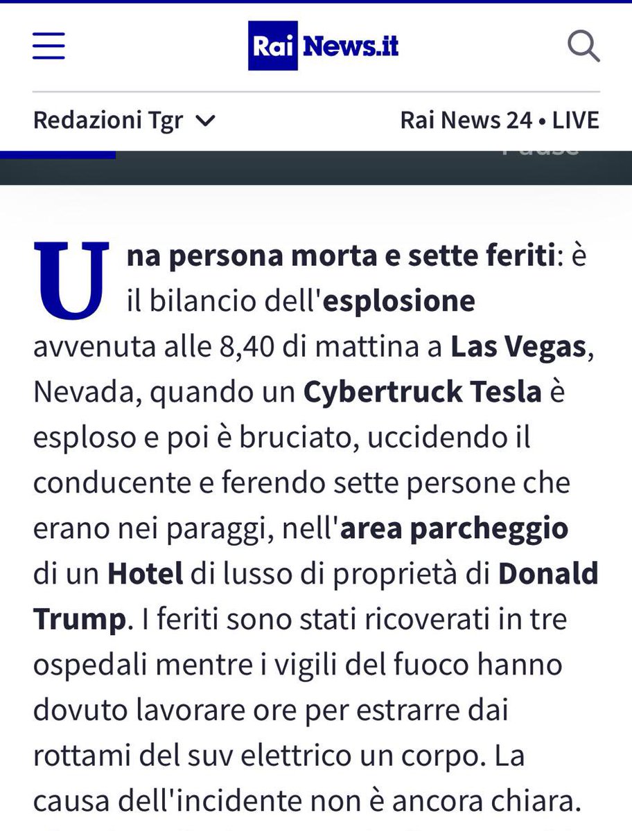 IterIntellectus's tweet image. i’m genuinely concerned for people who still trust mainstream media.

my brother sent me this screenshot today from italy’s state-owned news. 
translation:

“one person dead and seven injured: this is the toll of the explosion that occurred at 8:40 in the morning in las vegas,…