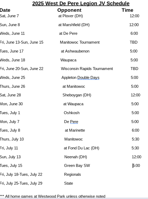Updated West De Pere Junior Schedule