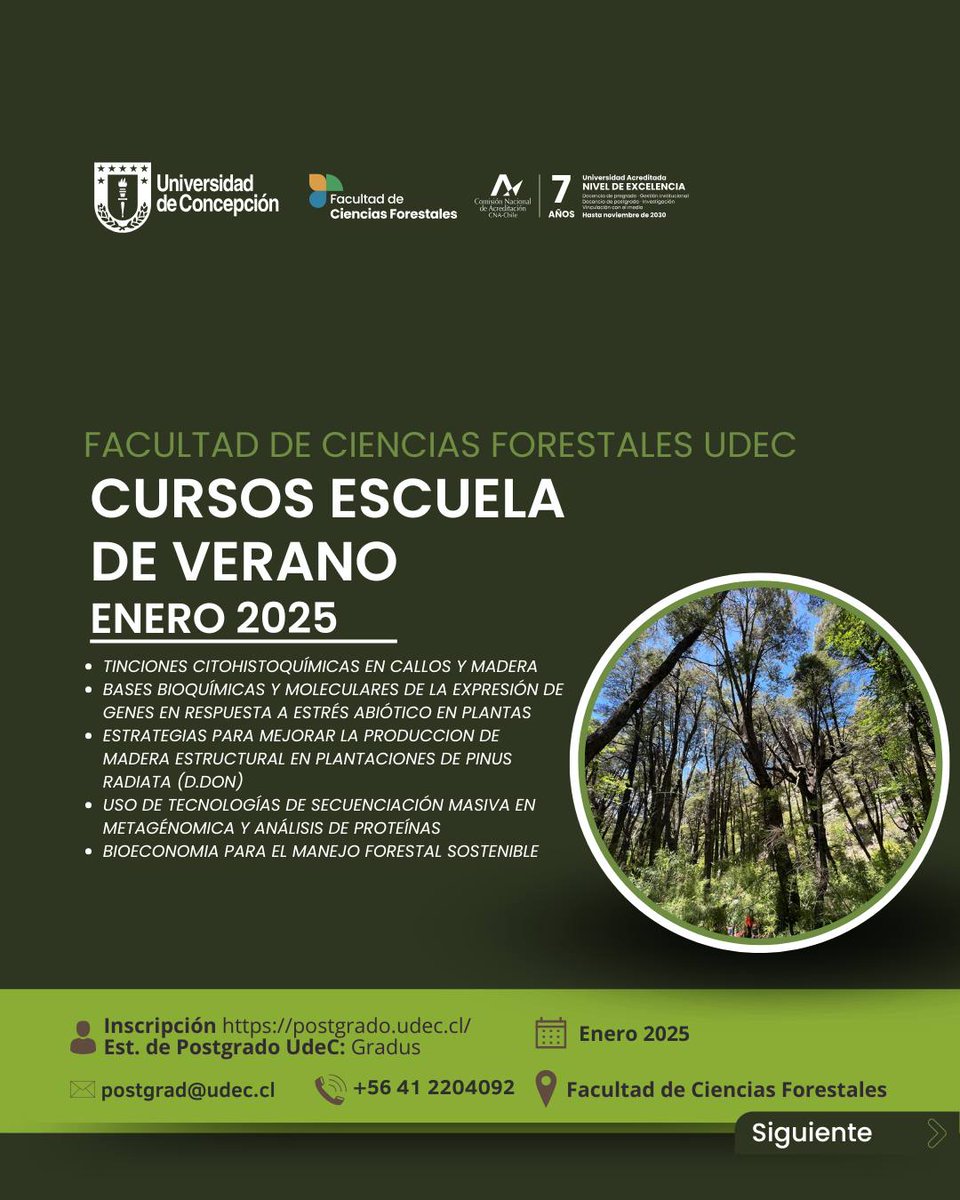 ¡Atención estudiantes de postgrado UdeC y profesionales externos!
📷Durante el mes de enero 2025 realizaremos los Cursos de Verano de la Facultad de Ciencias Forestales UdeC
📷Inscripción externos:  postgrado.udec.cl
Inscripción estudiantes de Postgrado UdeC: Gradus