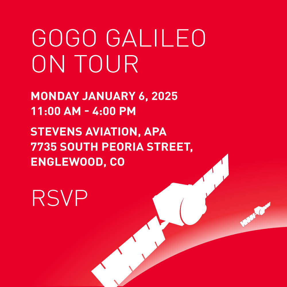 xxGogoBizAv (@gogobizav) on Twitter photo What better way to start off the new year than demoing Gogo Galileo! 🌎
We are kicking off the second half of the Gogo Galileo tour in Englewood, CO on January 6th at <a href="/StevensAviation/">Stevens Aviation</a>! ✈️ 🛜
If you're local, RSVP here: bit.ly/401H60M
#GogoGalileo What better way to start off the new year than demoing Gogo Galileo! 🌎
We are kicking off the second half of the Gogo Galileo tour in Englewood, CO on January 6th at <a href="/StevensAviation/">Stevens Aviation</a>! ✈️ 🛜
If you're local, RSVP here: bit.ly/401H60M
#GogoGalileo