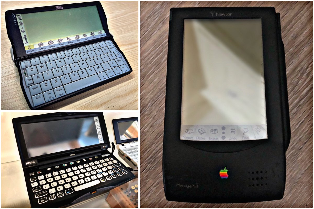 SWRetroComp's tweet photo. Today’s #RetroTrio offers you the #Psion #Revo, #HP #620LX and #Apple #Newton #MessagePad. Which will you keep, gift to a friend and delete forever? #RetroComputing #ComputerHistory #VintageComputing https://t.co/yzds0xP7DK