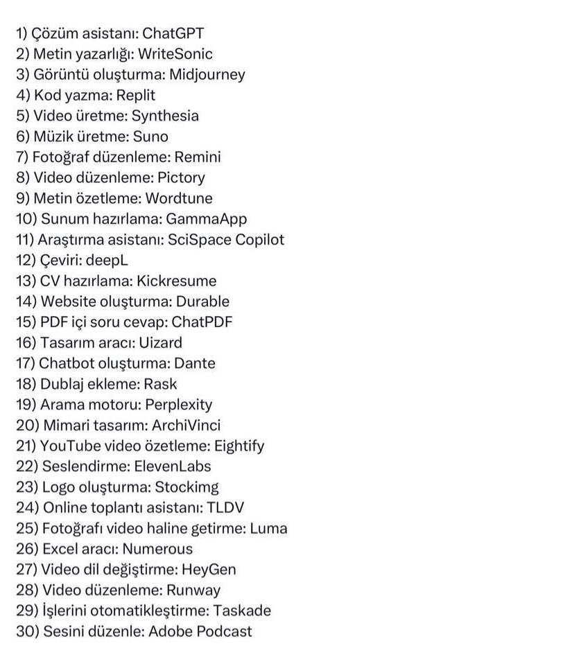 alitekintr's tweet photo. Yapay zeka kullanmıyorsanız, büyük bir dezavantaja sahip olacaksınız.

Geçen yıl yüzlerce araç denedim ve en iyi 30 yapay zeka aracını sizler için derledim:👇🏻 https://t.co/Qo1gh1rGkZ