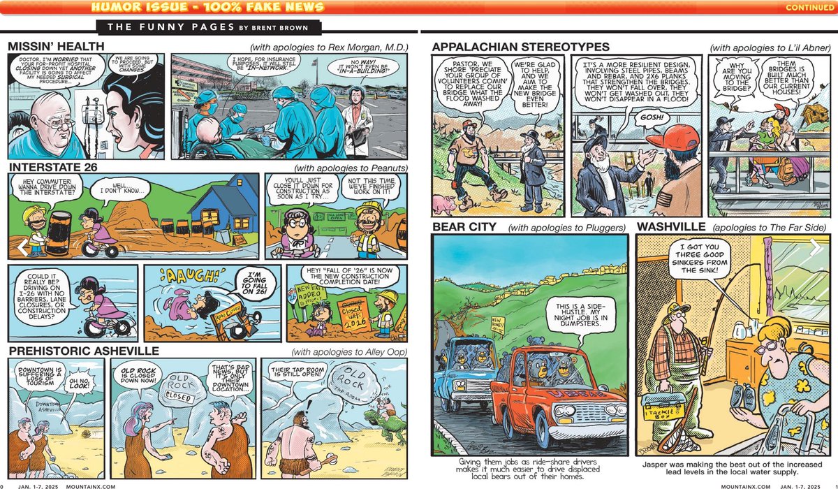 The 2025 edition of the annual #MountainXpress Humor Issue is out now. Pick up a free copy to see my artwork scrawl all about the cover and inside pages, or go ahead and pay someone for it too, if you want. My Venmo is <a href="/brebro/">brent brown</a> by the way….