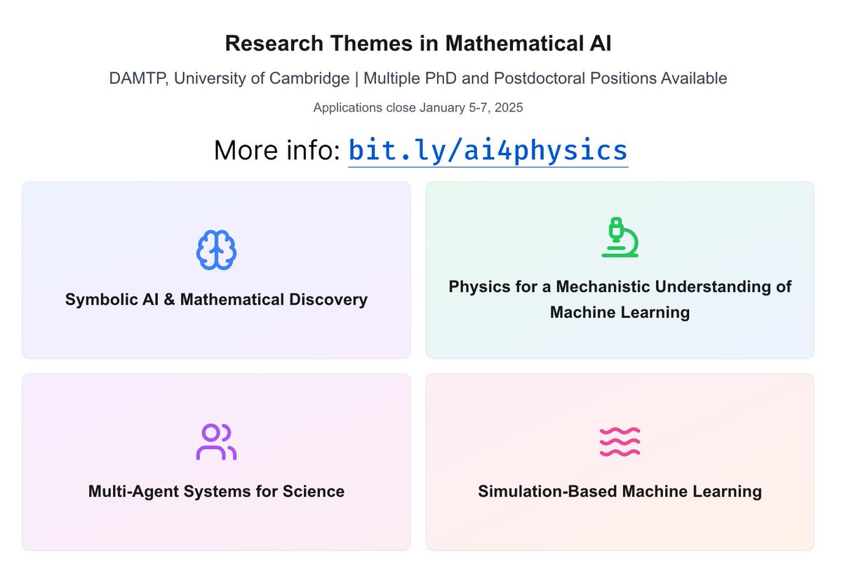 🚨 FINAL REMINDER 🚨: Multiple Postdoc and PhD positions in our AI + Physics cluster in DAMTP, Cambridge!

Deadlines:
- Postdoc: Jan 5th (Sunday)
- PhD: Jan 7th (Tuesday)

More info below – Please share with researchers and students who might be interested in joining us!