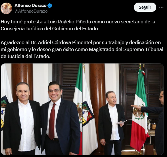 Juan_OrtizMX's tweet photo. 🗳📌 HIJO DE GUADALUPE TADDEI ASUME CARGO EN EL GOBIERNO DE SONORA

Luis Rogelio Piñeda Taddei, hijo de Guadalupe Taddei Zavala, presidenta del INE, fue nombrado Consejero Jurídico del gobernador Alfonso Durazo.

Durazo anunció el nombramiento a través de sus redes sociales. 

Destacó la importancia del cargo y agradeció al consejero saliente, Adriel Córdova Pimentel, quien asumirá como magistrado del Supremo Tribunal de Justicia del Estado.

Luis Rogelio había sido señalado previamente por su paso como secretario auxiliar en la ponencia de la ministra Yasmín Esquivel Mossa.