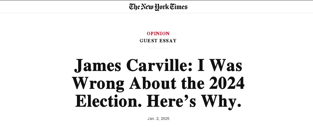 FisicosMuertos's tweet photo. James Carville Jr. writes in The New York Times today.
He begins: "the most important thing for us now is to face that we were wrong and take action on the prevailing 'why.'"
That Democrats were wrong so KamalaHarris lost, everyone knows by now What follows is full wrong too. https://t.co/2C5NsWSABc
