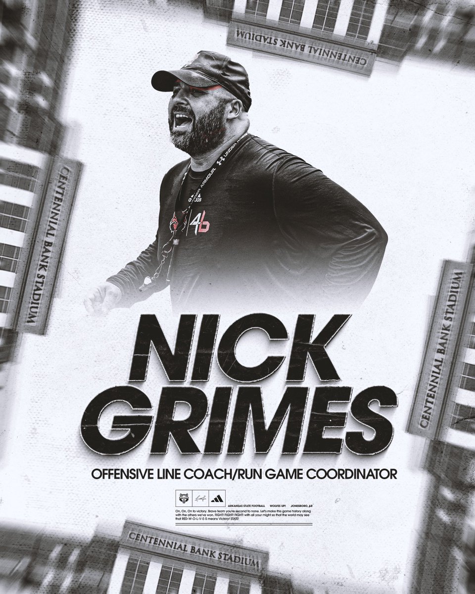 Arkansas State Tight Ends Coach, Nick Grimes, named Offensive Line Coach/Run Game Coordinator.

🔗: astateredwolves.com/news/2025/1/1/…

#WolvesUp 🐺🤘🏻