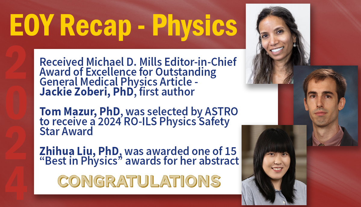 Our #MedPhys team really knocked it out of the park in 2024! These team members were awarded for their outstanding work in the field of Medical Physics by <a href="/aapmHQ/">American Association of Physicists in Medicine</a> &amp; <a href="/ASTRO_org/">ASTRO</a>. 🙌