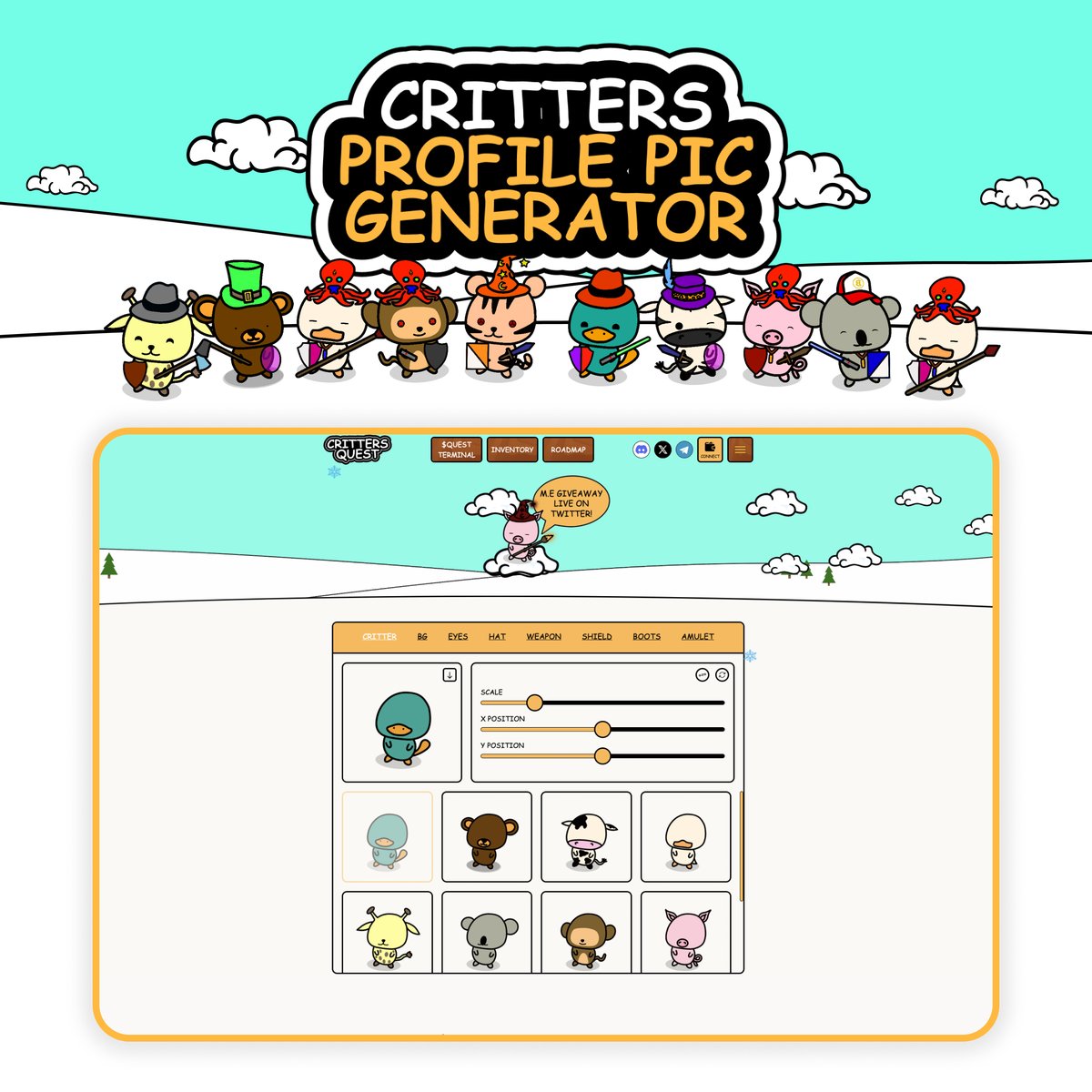 TOOL DROP + MASTER EDITION NFT GIVEAWAY 

Just dropped our new Critters PFP Generator!

Create your perfect Critter with:
* Custom zoom + positioning
* Horizontal Flips
* Solid background options
* Download as PFP

CHALLENGE RULES:
1. Generate your unique design:
