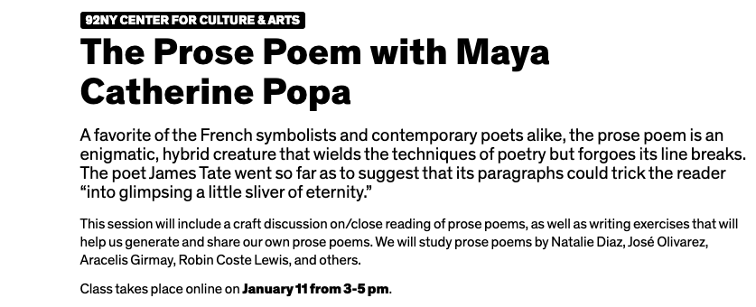 MayaCPopa's tweet photo. On January 11th from 3-5 PM EST, I’m teaching a class on the Prose Poem—that hybrid creature that wields the techniques of poetry but forgoes its line breaks. There are still spots left; I hope you’ll join me!

https://t.co/Gcou5awLFp https://t.co/eeIKL8BwqR