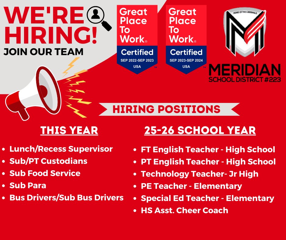 Meridian CUSD 223 is seeking the following positions: