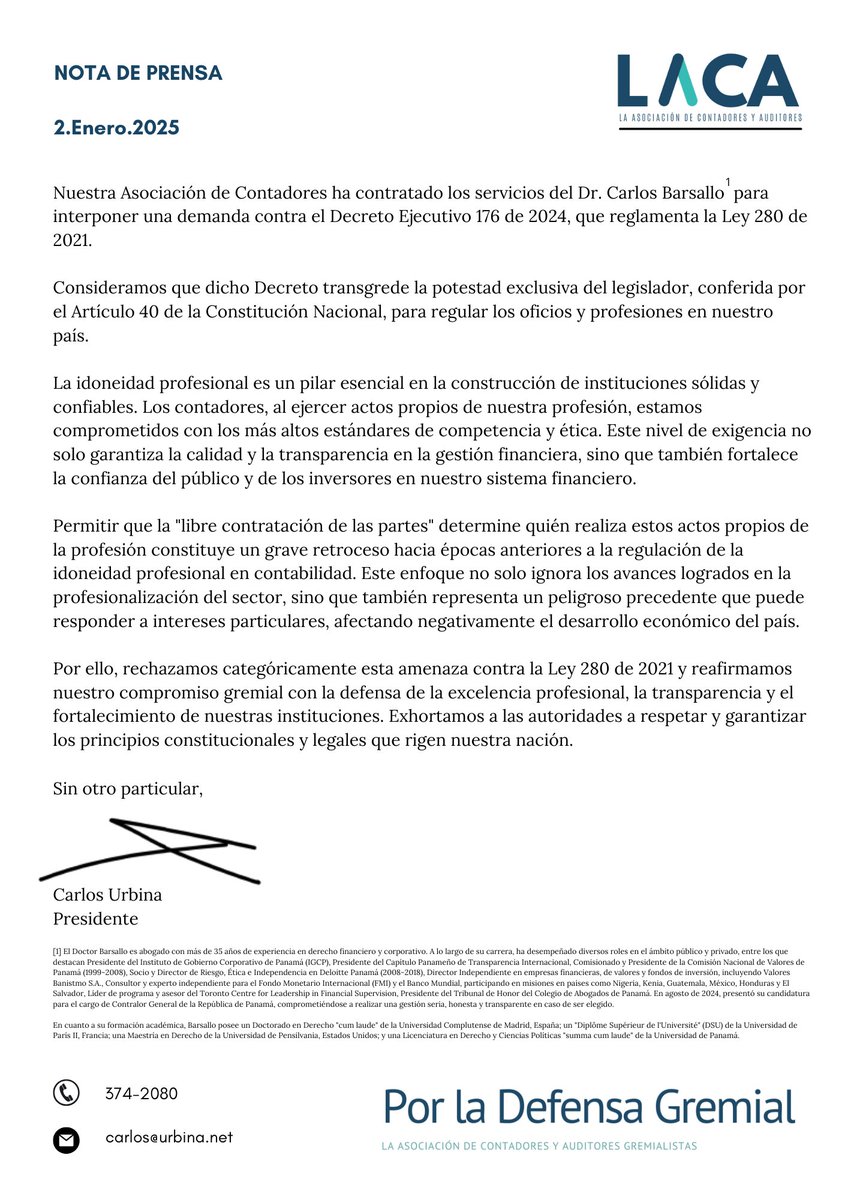 Nuestra Asociación ha contratado los servicios del Dr <a href="/barsallocarlos/">carlos barsallo</a> para representar nuestros intereses gremiales ante la Corte Suprema de Justicia frente a las amenazas surgidas por la adopción del Decreto Ejecutivo 176 de 2024.
