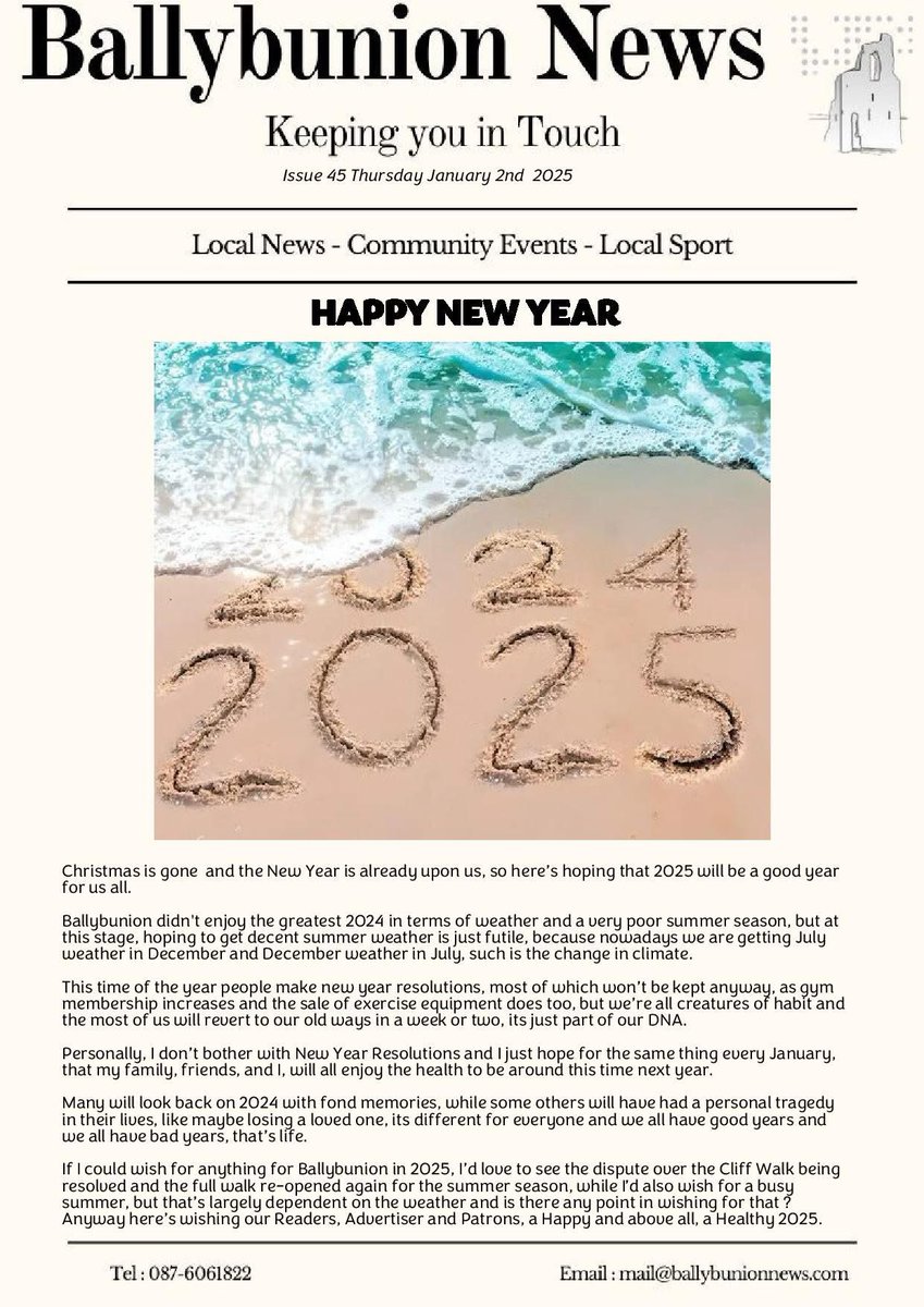 This week’s issue of Ballybunion News has been uploaded to the website. Its costs just €12 per annum to read and you can register at ballybunionnews.com