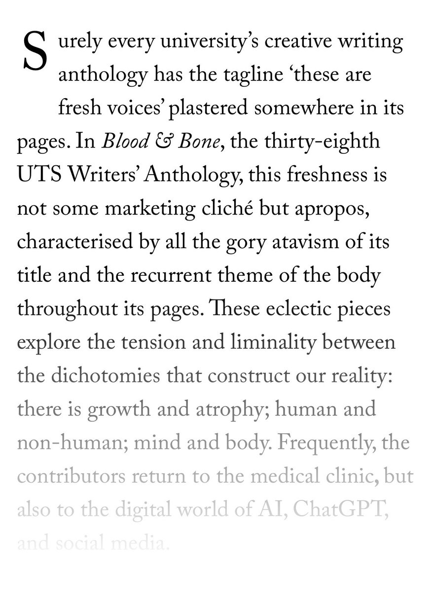 A big thank you to Will Hunt for reviewing Blood &amp; Bone for Australian Book Review! Subscribers can read the rest of the review on their website (link in bio) ♥️
#utsanthology #utswritersanthology #utsfass #utswriters