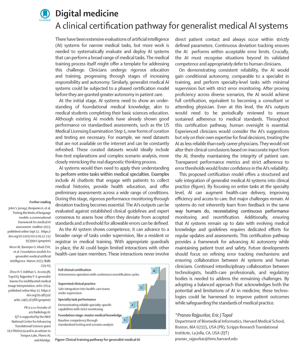 Eric Topol (@erictopol) on Twitter photo Our new essay <a href="/TheLancet/">The Lancet</a> on certifying generalist medical #AI systems, from a template of the training process in medicine
thelancet.com/journals/lance… <a href="/pranavrajpurkar/">Pranav Rajpurkar</a> Our new essay <a href="/TheLancet/">The Lancet</a> on certifying generalist medical #AI systems, from a template of the training process in medicine
thelancet.com/journals/lance… <a href="/pranavrajpurkar/">Pranav Rajpurkar</a>