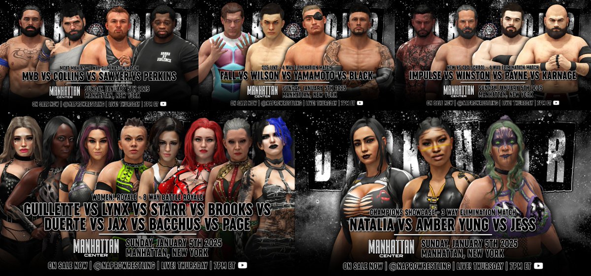 NorthAmericanPW's tweet photo. 🔲NAPW: Dark Hour
🔲Sunday, January 5th, 2024
🔲7:00pm/ET
🔲LIVE on YouTube

A HUGE episode of #NAPWDarkHour set for this Sunday before #BlastFromThePast week!

MAIN EVENT: A champions showcase between Natalia (Sapphire), Amber Yung (International), and Jess (World)! https://t.co/vlzTVy7Vhf