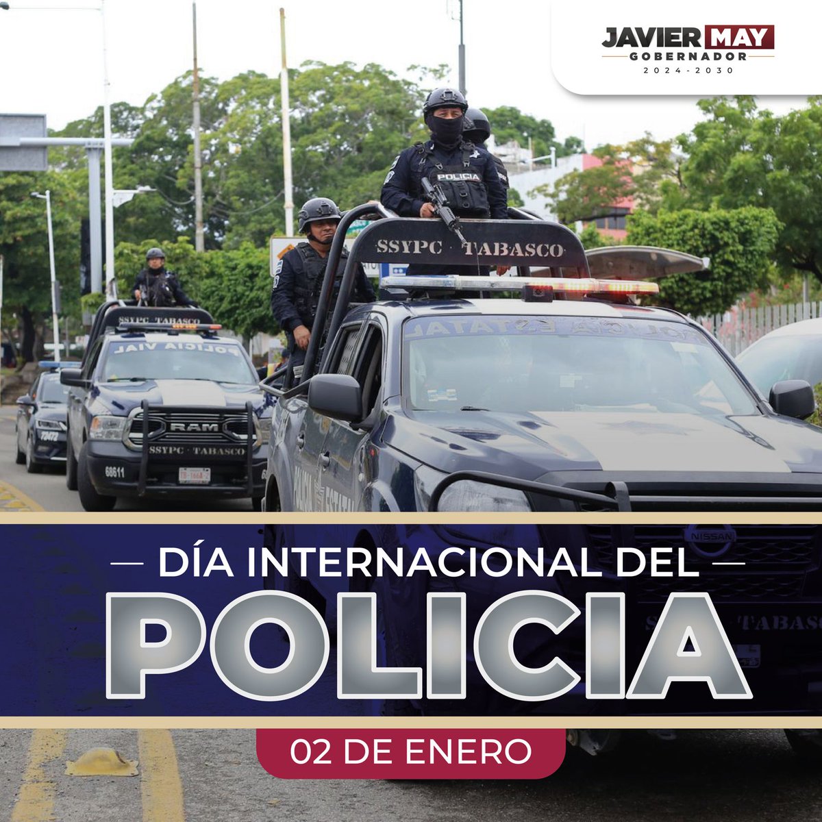 Este 2 de enero, #DíaInternacionalDelPolicía, reconocemos a todo el personal encargado de cuidarnos, a las tabasqueñas y tabasqueños. Su labor llena de valentía nos enorgullece y nos da confianza, de que se trabaja por nuestra seguridad.