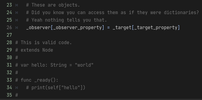 the_duriel's tweet image. #GodotEngine #GodotTips: Did you know that you can interact with objects like they were dictionaries? The docs only mention &quot;is property in object&quot; type checks. But...