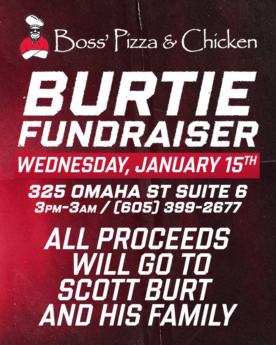 Rapid City Rush (@rapidcityrush) on Twitter photo We've got your dinner plans figured out for January 15th π
Join us on Wednesday, January 15th, as <a href="/Bosspizzachikn/">Boss' Pizza and Chicken</a> Rapid City hosts a fundraiser for Head Coach Scott Burt and his family, supported by the Rush.
All proceeds from the day will go to benefit Coach Burt and his We've got your dinner plans figured out for January 15th π
Join us on Wednesday, January 15th, as <a href="/Bosspizzachikn/">Boss' Pizza and Chicken</a> Rapid City hosts a fundraiser for Head Coach Scott Burt and his family, supported by the Rush.
All proceeds from the day will go to benefit Coach Burt and his