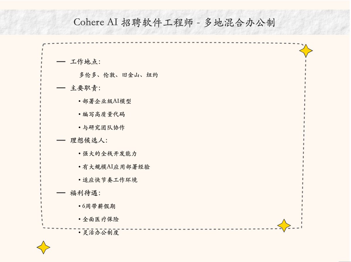 Cohere AI 招聘软件工程师- 多地混合办公，朋友们关注起来，说不定是RUN 的好机会，工作内容和福利也太诱人了😄 公司背景: ·  @cohere
