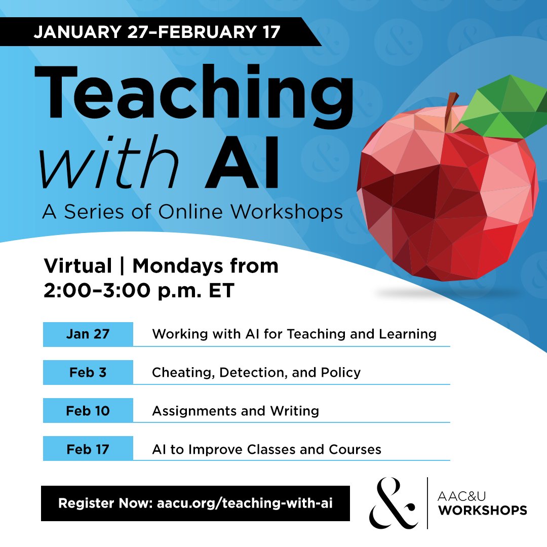 AAC&U (@aacu) on Twitter photo Tackle your New Year goals of investing in your professional development by registering for AAC&U’s Teaching with AI workshop series with <a href="/eddiewatson/">Eddie Watson</a> and <a href="/josebowen/">Jose Antonio Bowen</a>. Details: ow.ly/hPCg50Ulf7a Tackle your New Year goals of investing in your professional development by registering for AAC&U’s Teaching with AI workshop series with <a href="/eddiewatson/">Eddie Watson</a> and <a href="/josebowen/">Jose Antonio Bowen</a>. Details: ow.ly/hPCg50Ulf7a