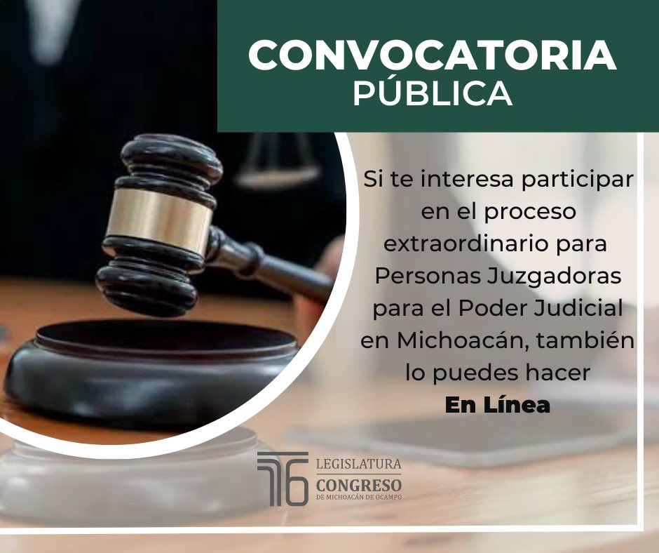 Si te interesa participar en el proceso de integración de los listados para la elección extraordinaria de las personas juzgadoras para el Poder Judicial en Michoacán, en el siguiente enlace podrás realizar tu REGISTRO EN LÍNEA: 

seleccion.congresomich.site
