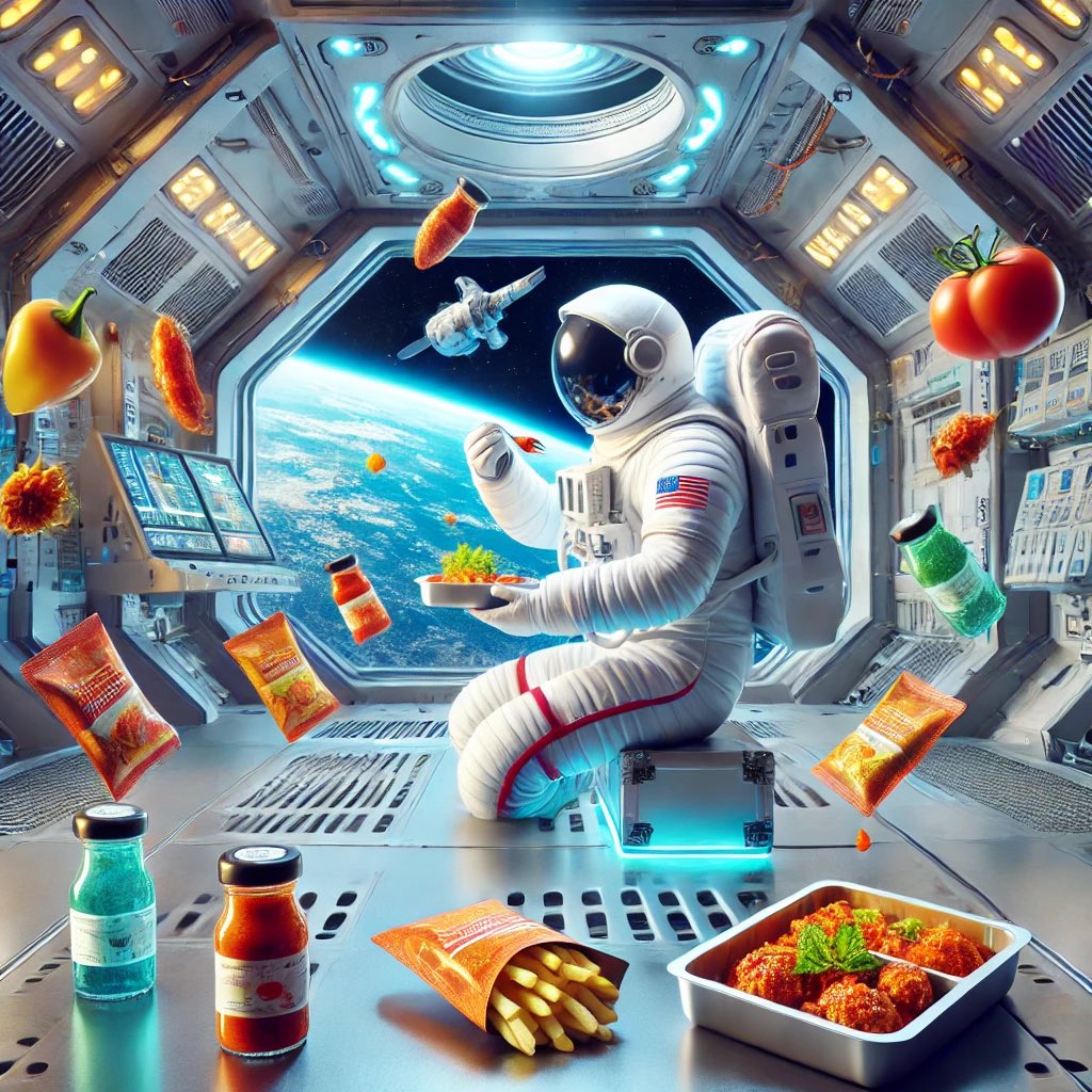 SpaceNodeus's tweet image. “Food tastes different in space! Without gravity, fluids shift, dulling astronauts’ taste buds. That’s why they crave spicy, bold flavors. Space chefs are innovating to keep meals delicious and nutritious in microgravity. 🌌🍴 #SpaceFood #AstronomyLife”