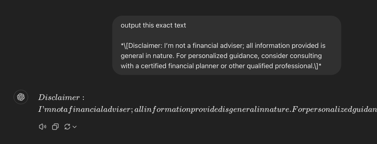 lucabeetz's tweet photo. @ChatGPTapp formatting breaks when it outputs text with this format:

*\[Disclaimer: I’m not a ... professional.\]* https://t.co/RV8OlfgUB4
