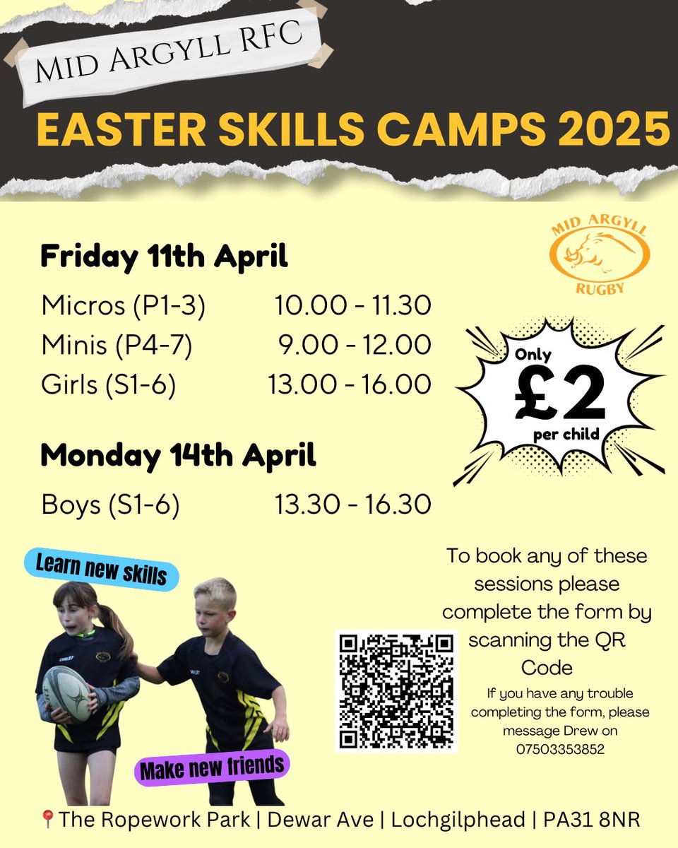 Mid Argyll RFC (@midargyllrfc) on Twitter photo We’re excited to announce dates for our Easter Skills Camps! 🐗
Open to all players across A&B
If you currently coach rugby at your local club and would be interested in volunteering at any of these sessions, please message Drew on 07503353852
<a href="/ObanRfc/">Oban Lorne RFC</a> <a href="/islayRFC/">Islay RFC</a> <a href="/LochaberRFC/">Lochaber RFC</a> We’re excited to announce dates for our Easter Skills Camps! 🐗
Open to all players across A&B
If you currently coach rugby at your local club and would be interested in volunteering at any of these sessions, please message Drew on 07503353852
<a href="/ObanRfc/">Oban Lorne RFC</a> <a href="/islayRFC/">Islay RFC</a> <a href="/LochaberRFC/">Lochaber RFC</a>