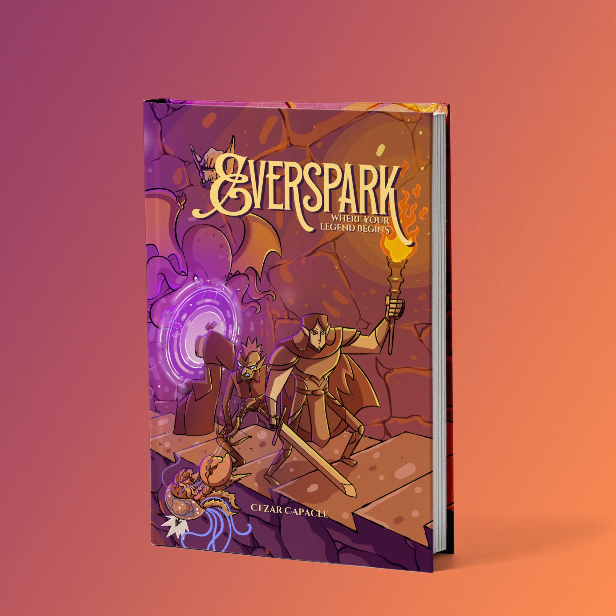 cover mockup for the hardcover version of the Everspark RPG picturing a party traversing a dungeon