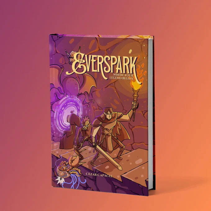 cover mockup for the hardcover version of the Everspark RPG picturing a party traversing a dungeon