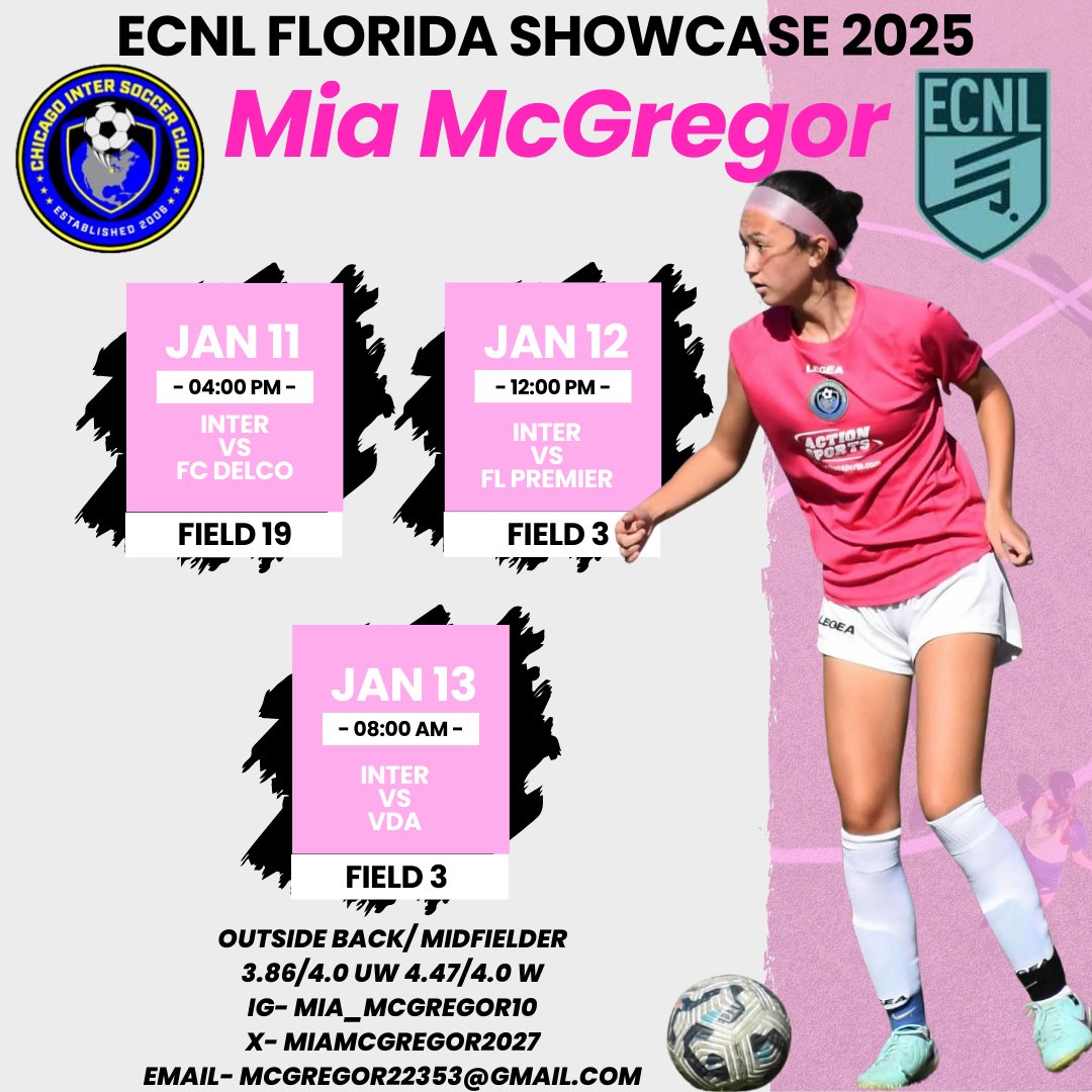 Mia Mcgregor 2027 (@miamcgregor2027) on Twitter photo 9 days until ECNL Tampa!! Can’t believe it’s almost here! So ready to compete, learn, and give it my all on the field! Let’s make this one count!
<a href="/chiINTER/">Chicago Inter SC</a> <a href="/Chiinter09ECNL/">Chicago Inter 09 ECNL</a> <a href="/ECNLgirls/">ECNL Girls</a> <a href="/TheSoccerWire/">SoccerWire</a> <a href="/PrepSoccer/">Prep Soccer ⚽️</a> <a href="/TopDrawerSoccer/">TopDrawerSoccer</a> <a href="/ImYouthSoccer/">ECNL/GA/Recruiting/College Soccer</a> 9 days until ECNL Tampa!! Can’t believe it’s almost here! So ready to compete, learn, and give it my all on the field! Let’s make this one count!
<a href="/chiINTER/">Chicago Inter SC</a> <a href="/Chiinter09ECNL/">Chicago Inter 09 ECNL</a> <a href="/ECNLgirls/">ECNL Girls</a> <a href="/TheSoccerWire/">SoccerWire</a> <a href="/PrepSoccer/">Prep Soccer ⚽️</a> <a href="/TopDrawerSoccer/">TopDrawerSoccer</a> <a href="/ImYouthSoccer/">ECNL/GA/Recruiting/College Soccer</a>