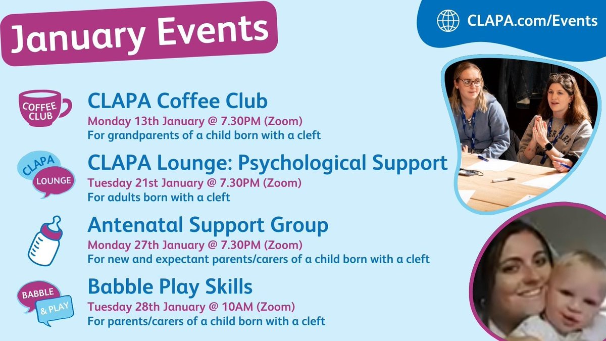 Our January calendar is packed with events for our community...

☕CLAPA Coffee Club: buff.ly/4ajh5Nd 

💬CLAPA Lounge: Psychological Support: buff.ly/49Lb5NN 

🍼Antenatal Support Group: buff.ly/3TkiuvP 

👋Babble Play: buff.ly/402U51p