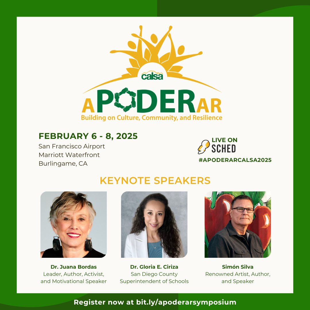 As we welcome 2025, we’re excited to highlight the  keynote lineup for the aPODERar Symposium. 🌟 Let’s make 2025 a year of connection, growth, &amp; empowerment together! 💫
Don’t wait—start your year with your #CALSAfamilia: bit.ly/apoderarsympos…
#CALSA #apoderarcalsa2025