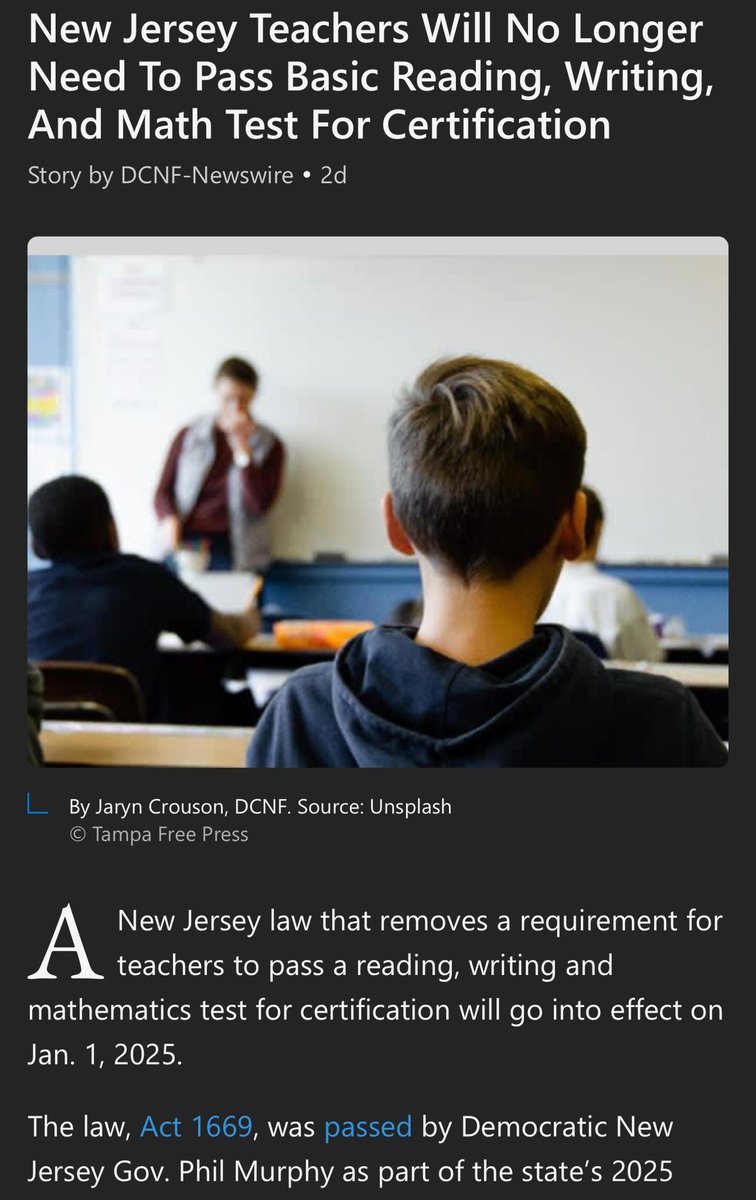 brandonrramos's tweet photo. New Jersey is down bad @PhilMurphy. The state is in effect putting into place a reduction in QA and the end result will be a reduction in teacher competence. Less competent teachers->less competent students. This should become a case-study with a predictable outcome. https://t.co/GW2k7Vo5z5
