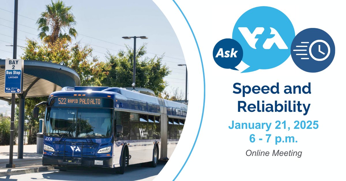 VTA's tweet photo. We're back!
Kicking off the new year with another #AskVTA event. Planning staff will be present to answer your questions around VTA's efforts to enhance transit speed and reliability.
Join us January 21, 2025 at 6 p.m.
π: https://t.co/6GI8tA2xgZ https://t.co/NUxVlIRV95