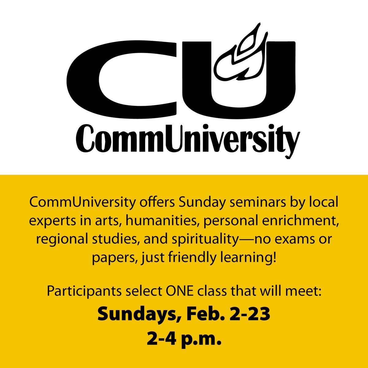 BHCCampus's tweet image. Join us for CommUniversity this February!
🎨 Arts/Humanities | 📖 Enrichment | 🌍 Regional Studies | 🙏 Spirituality

📍 In-person at Quad-Cities Campus + virtual options.
🗓️ Sundays, Feb. 2–23 | 2–4 p.m.
Friendly learning, no exams or papers!

Register: bhc.edu/news/2024/12/e…