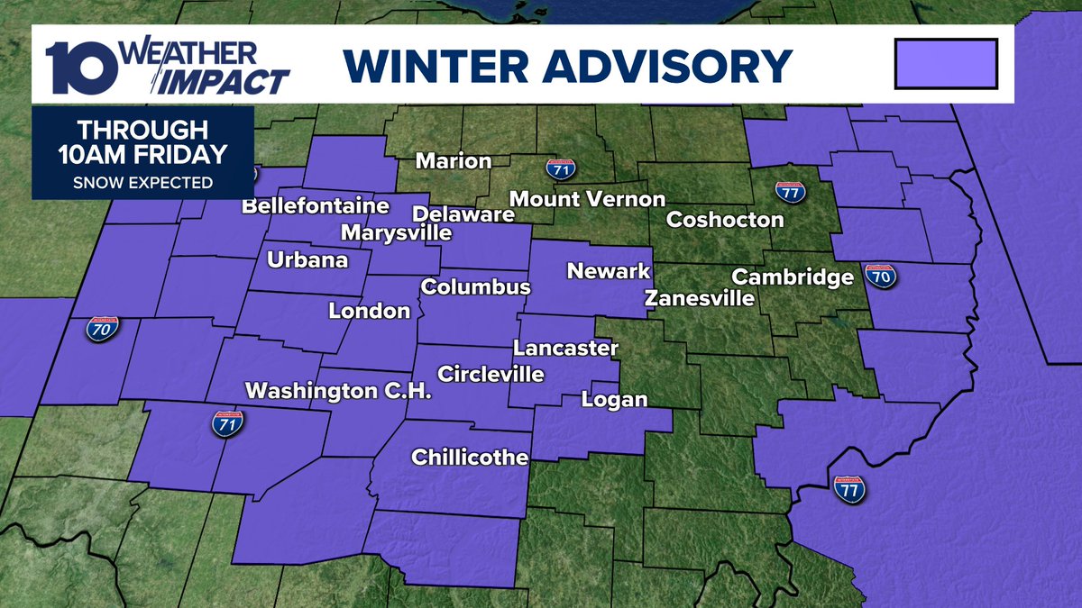10TV's tweet photo. 10 WEATHER IMPACT 🌨️: A Winter Weather Advisory was issued for central Ohio as overnight snow and below-freezing temperatures move into the region overnight. 

WX BLOG: https://t.co/cmDXMKM9gC https://t.co/vVSnqHWimr